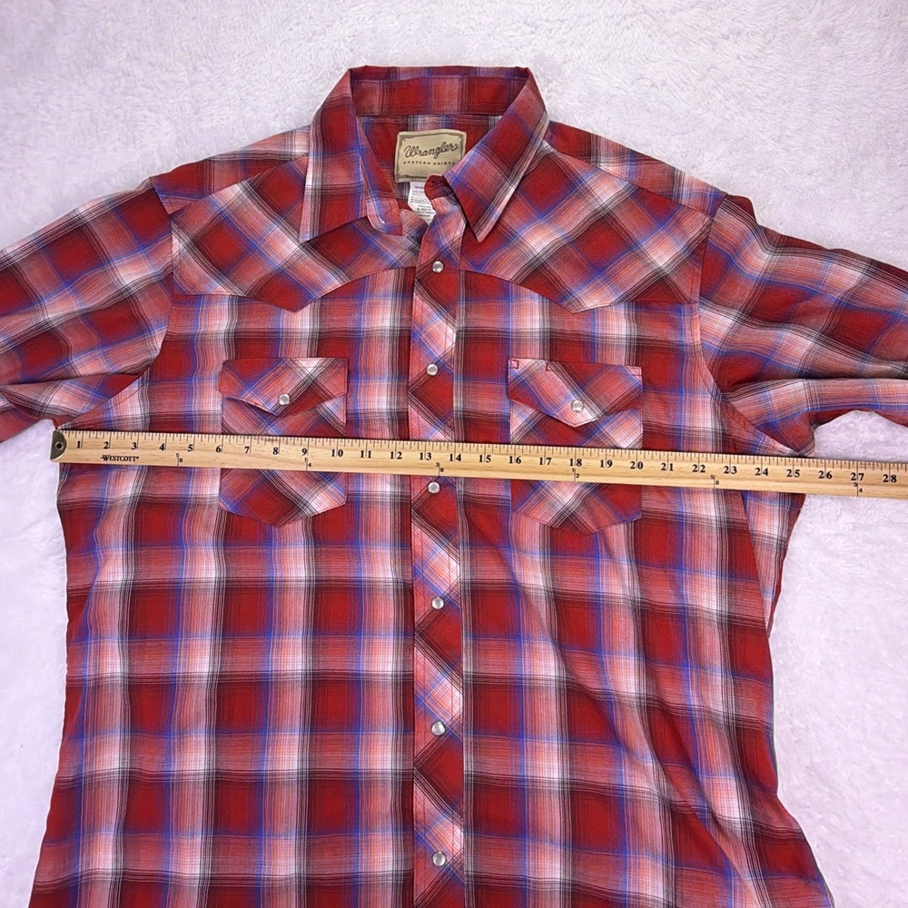 Wrangler Mens XL Red White & Blue Plaid Pearl Snaps Short Sleeve Button Up Shirt - Picture 6 of 8